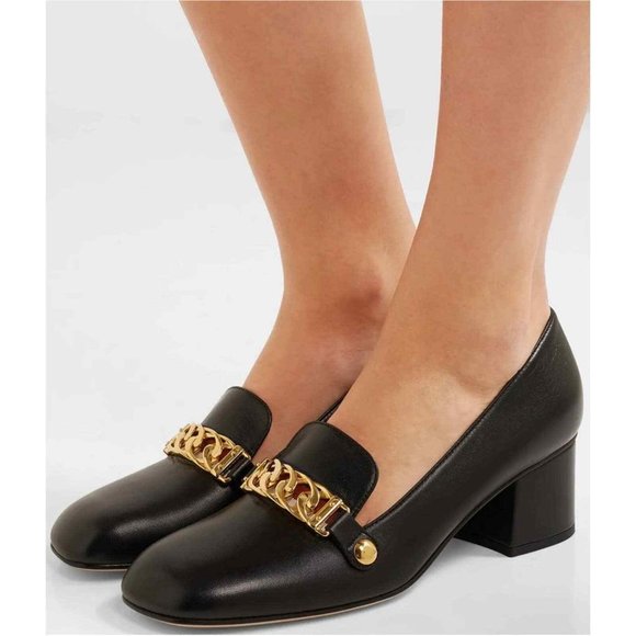 NEW GUCCI shoes heels pumps Black Leather Sylvie Web Stripe Chain Block Size 38 - Picture 4 of 11